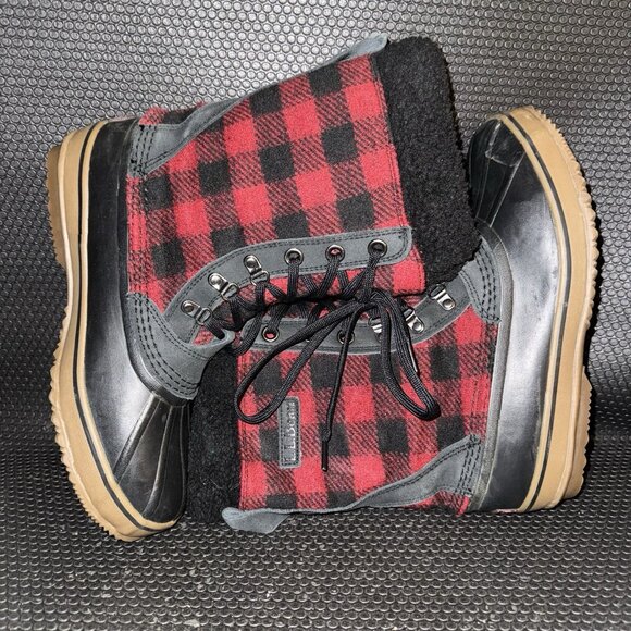 L.L. Bean Red Black Buffalo Plaid Lace Up Mid Calf Duck Winter Boots Mens Size 9 - Picture 5 of 8